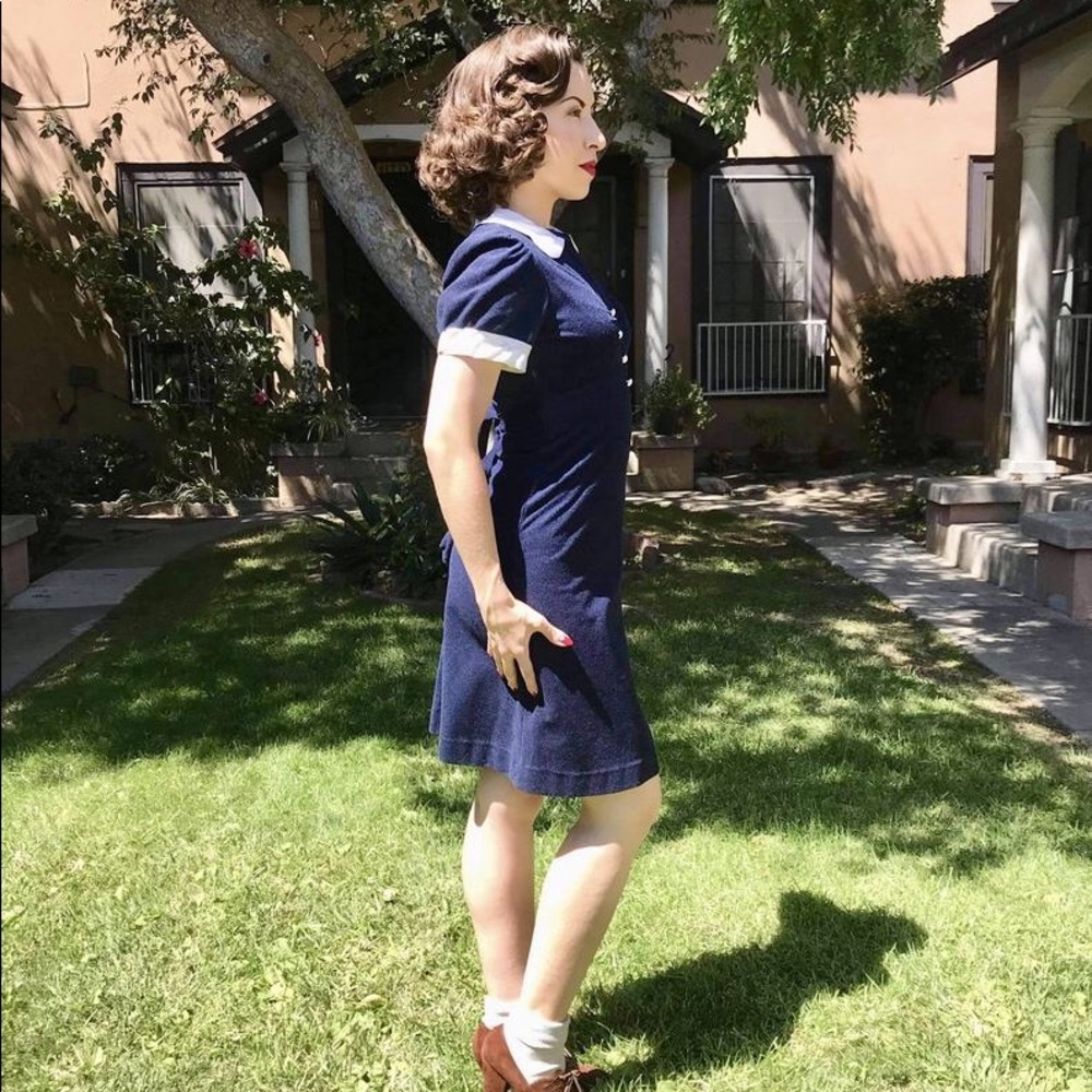 Vintage 1970s does 1930s Navy Fleece Dress XS - Picture 3 of 7